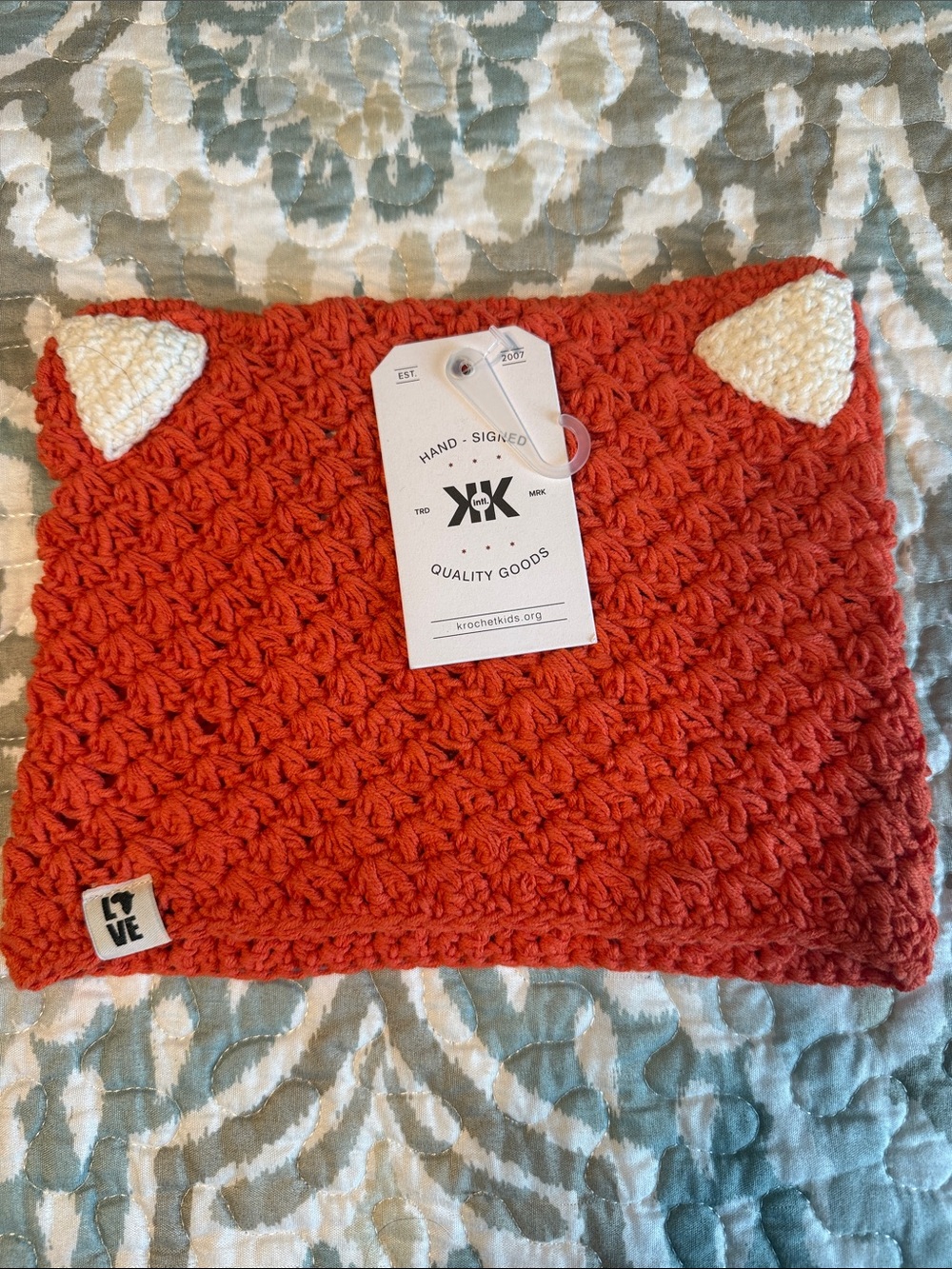 Kids Orange Crochet hat with Cream Ear Accents by Hand-Signed